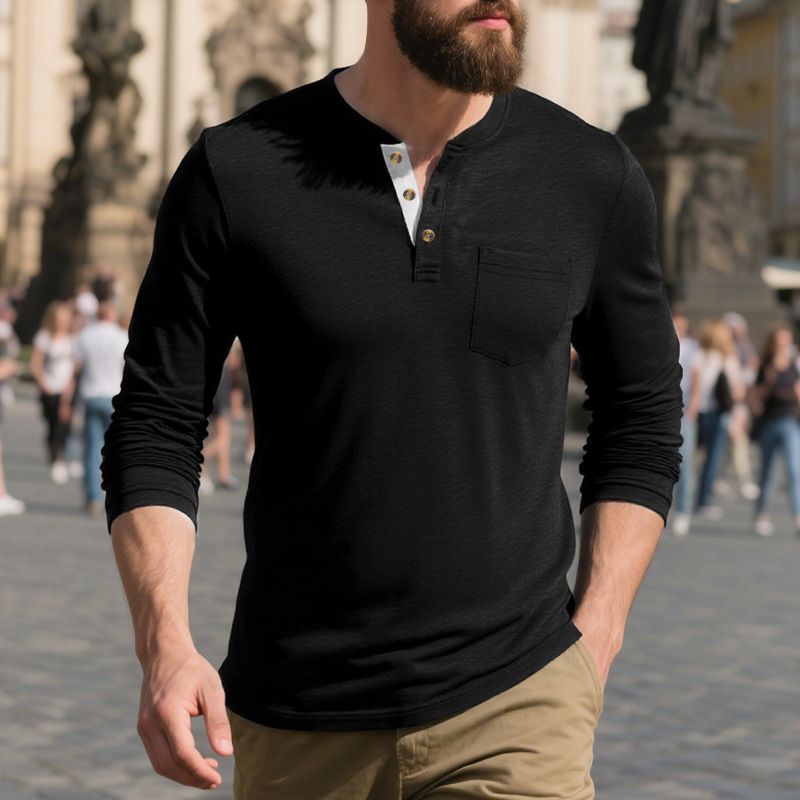 Herren-Langarm-T-Shirt mit Henley-Ausschnitt – Atmungsaktives Freizeit-Oberteil mit Rundhalsausschnitt in klassischen Farben_voghion.com