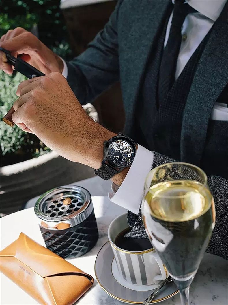 AILANG Mechanical Watch Men 30M Waterproof Automatic Watches Stainless Steel Skeleton Dial Luxury Double Tourbillon Watch Men_voghion.com