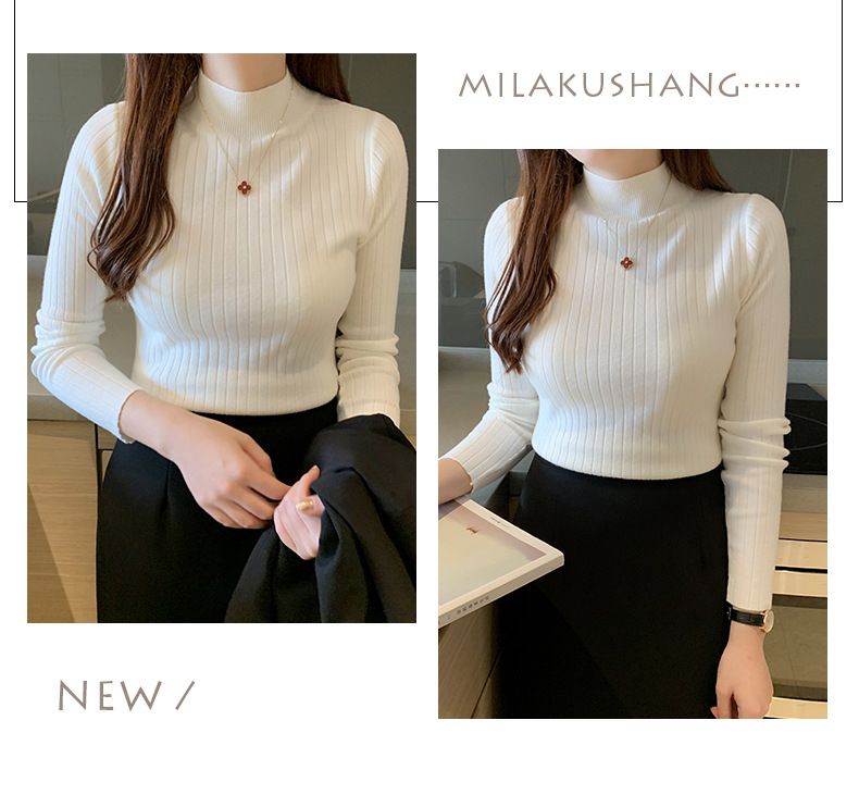Autumn Winter New Women's Half-Polo Turtle Neck Knit Sweater Solid Color Base Layer Top Inner Outer Wear Stylish Medium Length_voghion.com