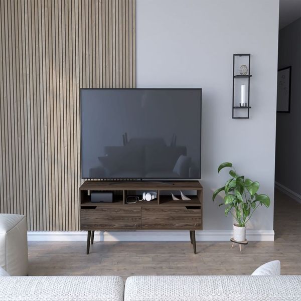 Tv Stand For TV´s Up 52' Bull, Three Open Shelves, Two Flexible Drawers, Dark Walnut Finish_voghion.com