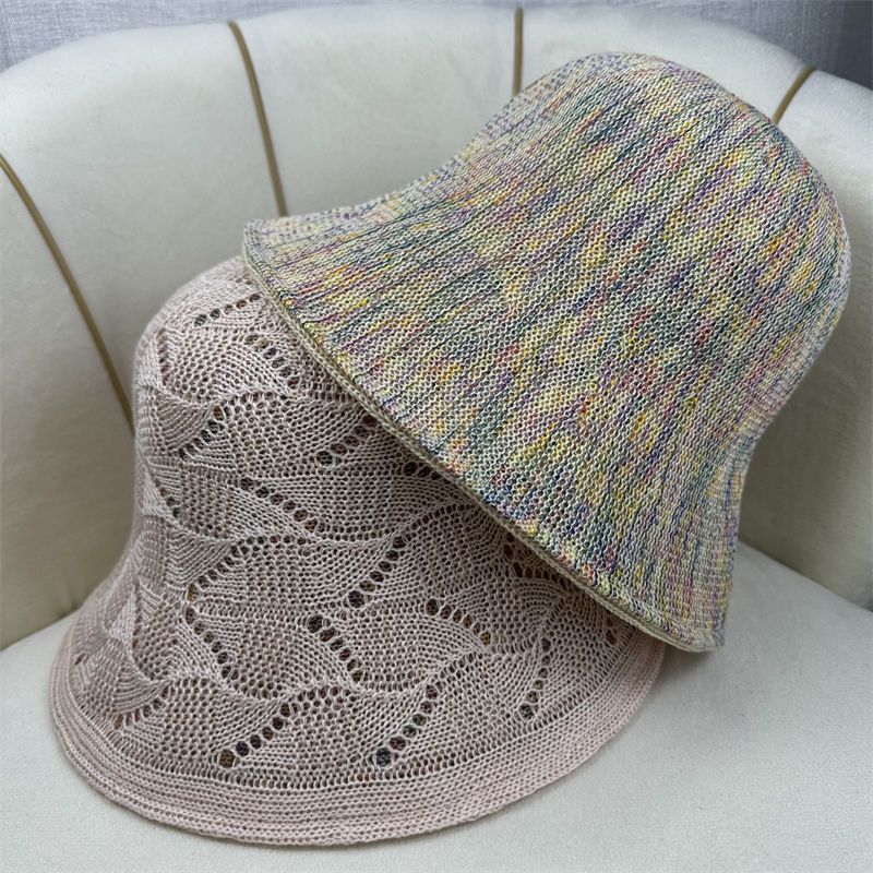 Doppelseitiger Gürtel Sommer Neue Damen Hohler Sonnenschutz-Eimerhut Einfaches Gesicht Kleine Reise Gestrickter Eimerhut_voghion.com