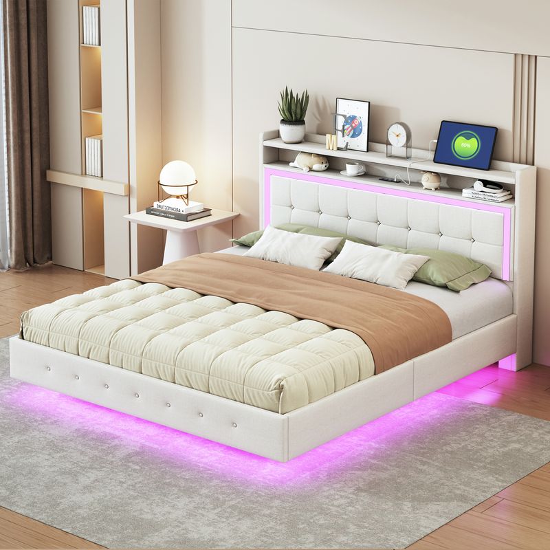 Polsterbett 160x200cm Con USB, LED, Fuochi Versteckten, Leinenstoff Beige_voghion.com