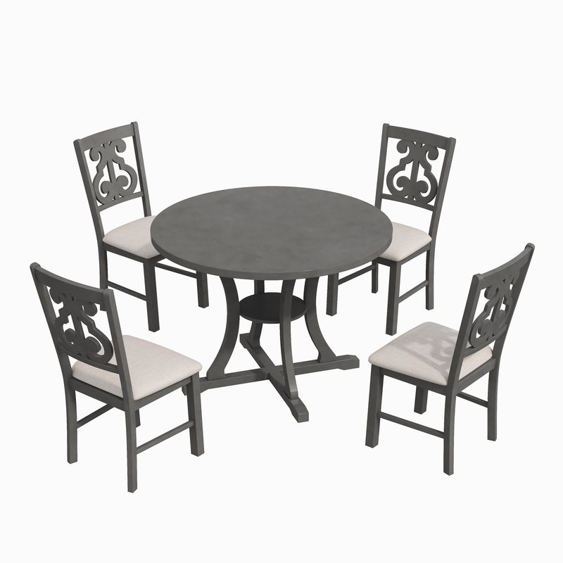 5-Piece Round Dining Table and 4 Fabric Chairs with Special-shaped Table Legs and Storage Shelf_voghion.com