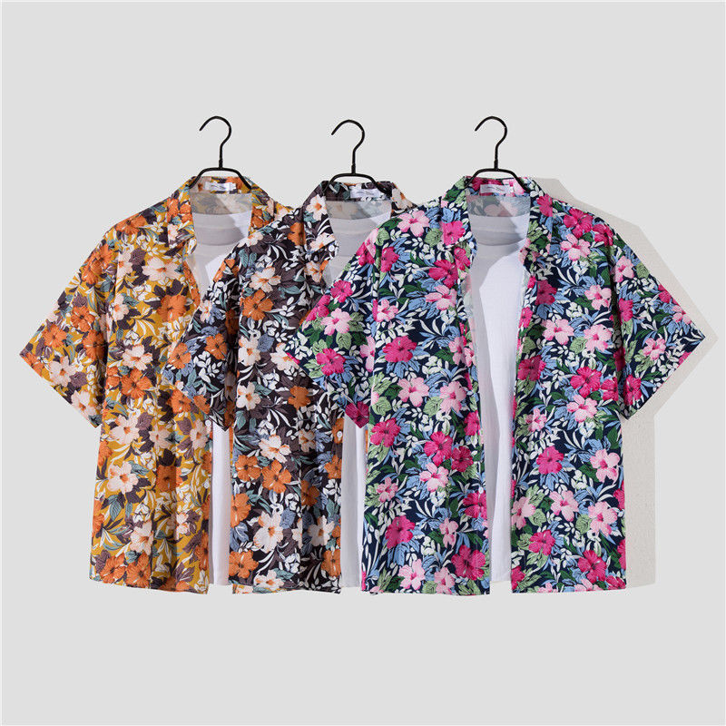 Men's Hawaii seaside beach vacation suit men's loose plus size couple trendy short-sleeved floral shirt casual two-piece set_voghion.com