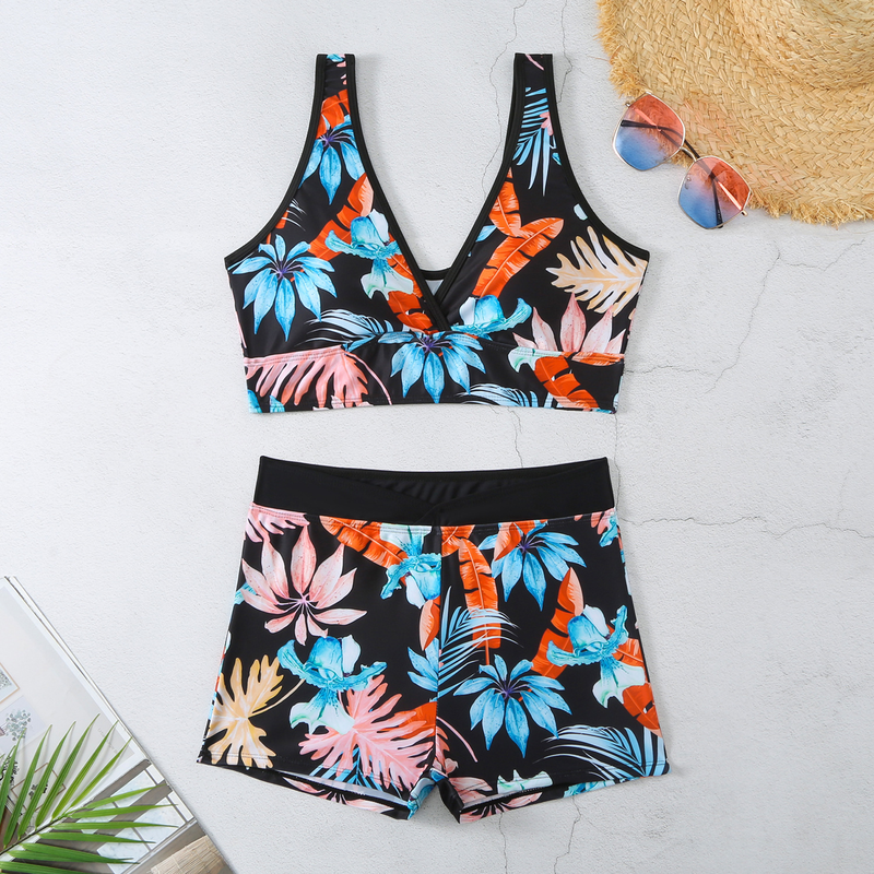 2024 New Printed Skirt Conservative Women's Split High Waist Tankini Swimsuit_voghion.com