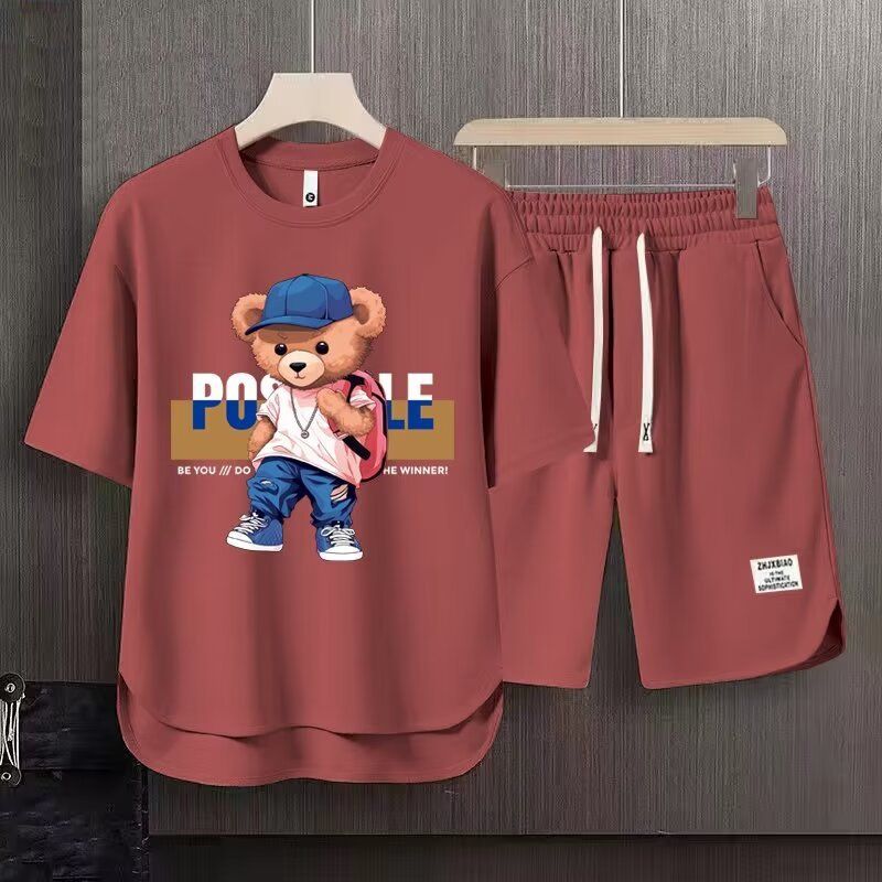Men's Clothing 2024 Waffle Casual Summer Suit Men's Loose Teen Short sleeved T shirt Shorts Handsome Two piece Suit_voghion.com