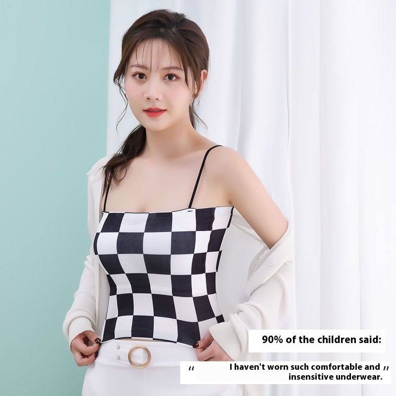 Long checkerboard ice silk one line circumference beautiful back chest wrapped pure desire camisole vest external wear,_voghion.com