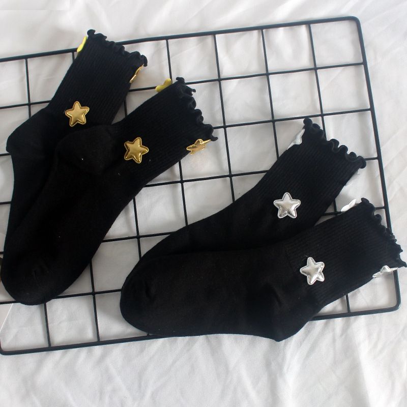 Socken Stern Einfarbige Damen-Mittelrohrsocken aus Holzohren Süße lange Socken Vier Jahreszeiten Studentensport-Baumwollsocken_voghion.com