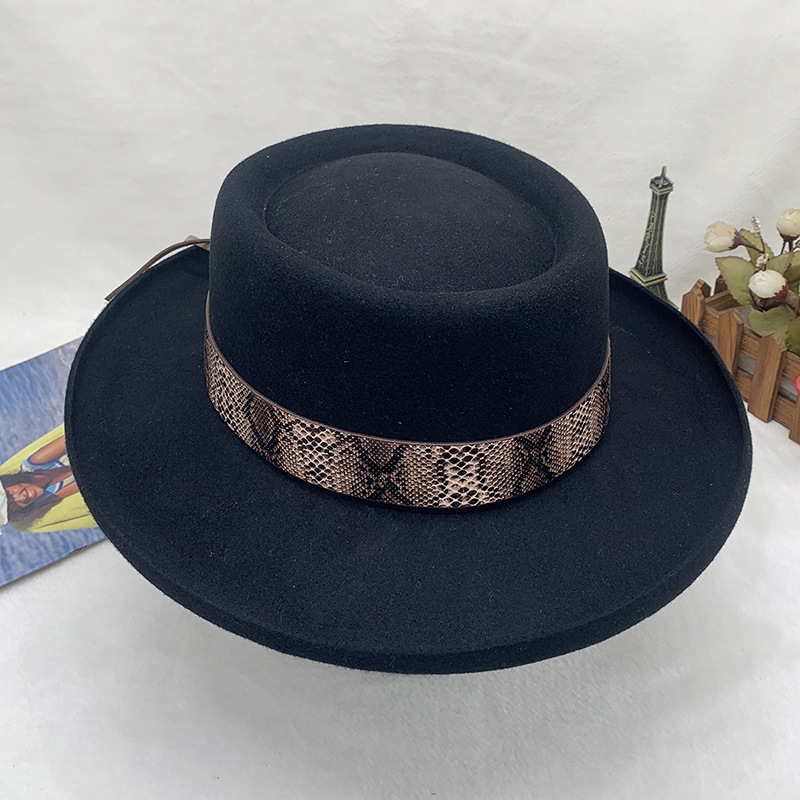 chapeau haut de forme à large nœud en feutre de laine simple vintage Chapeau de jazz noir_voghion.com