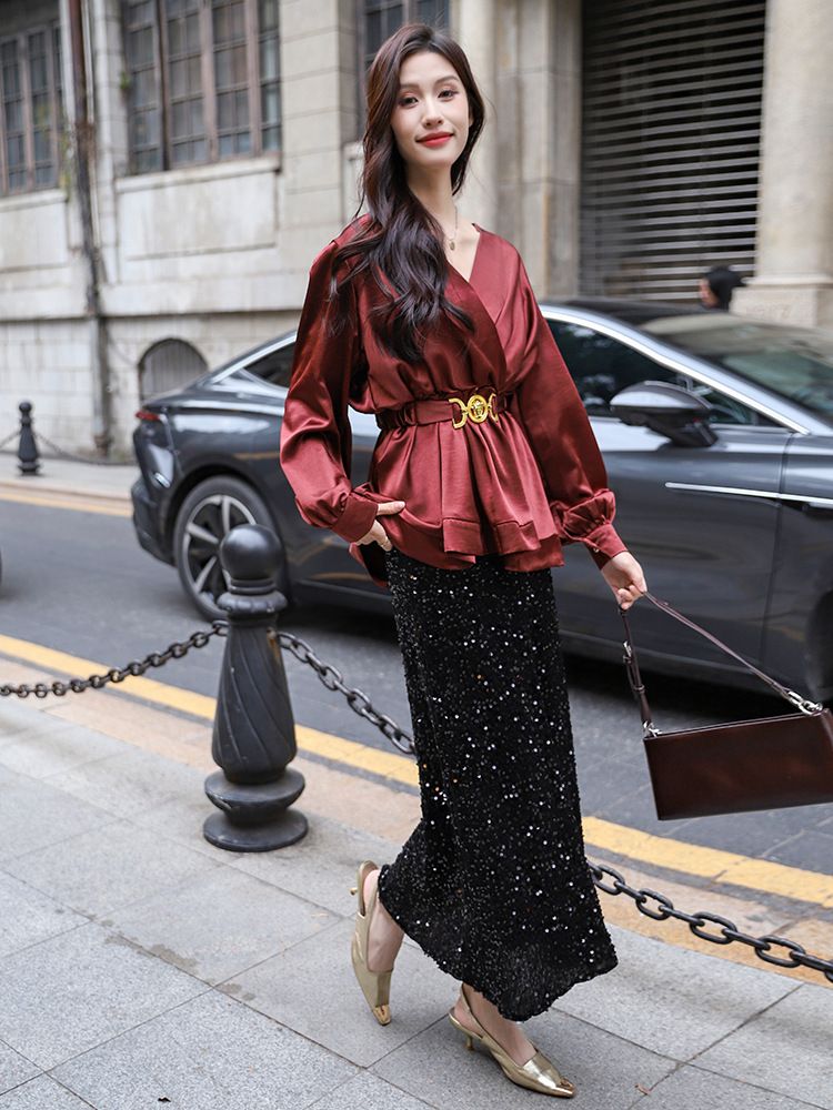 Elegant Pure Desire Ancora Red Satin Blouse With Belt Waist-Cinching French Light Lady Acetate Shirt_voghion.com