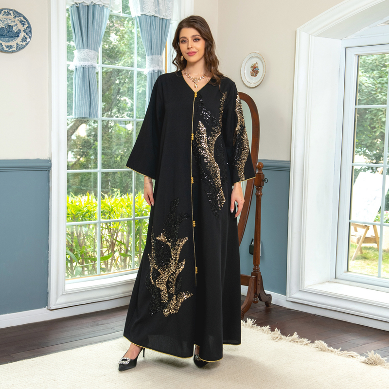 Langärmliges, mit Pailletten besticktes, lockeres Damenkleid für muslimische Frauen_voghion.com