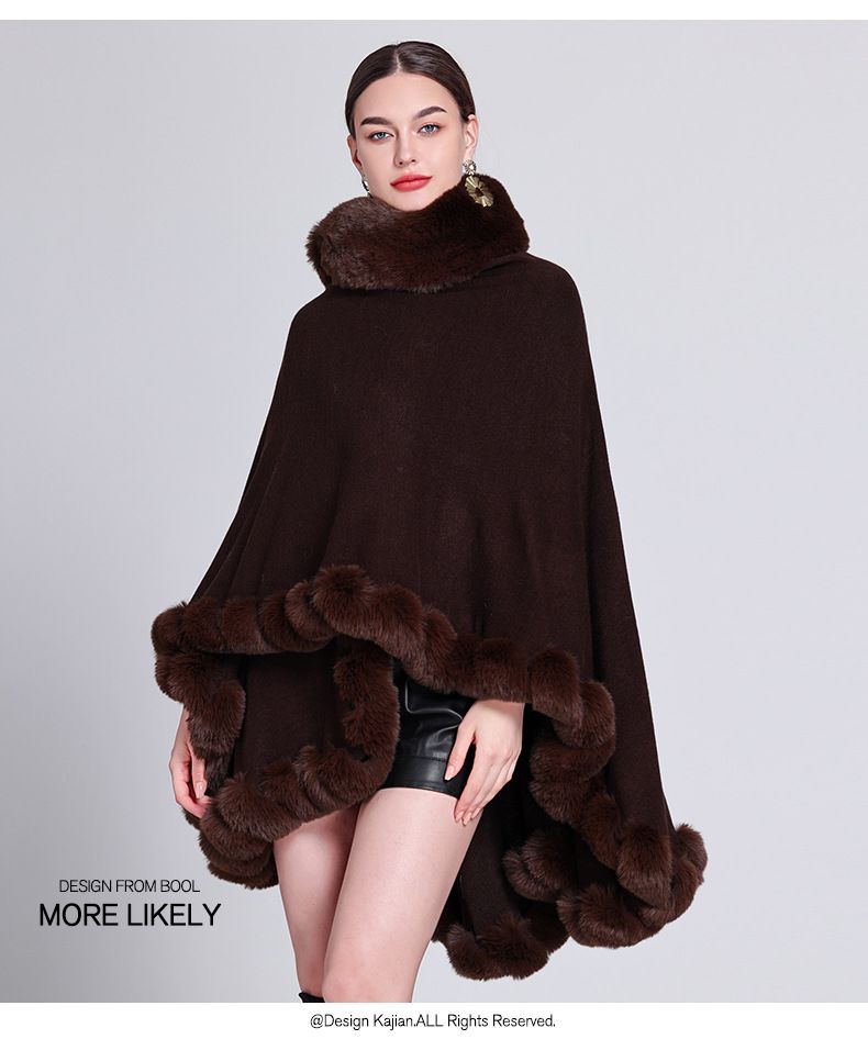 Eleganter Damen-Cape-Mantel mit Kunstpelzkragen – Übergroßer Strickjackenschal für Winter, Frühling und Herbst_voghion.com
