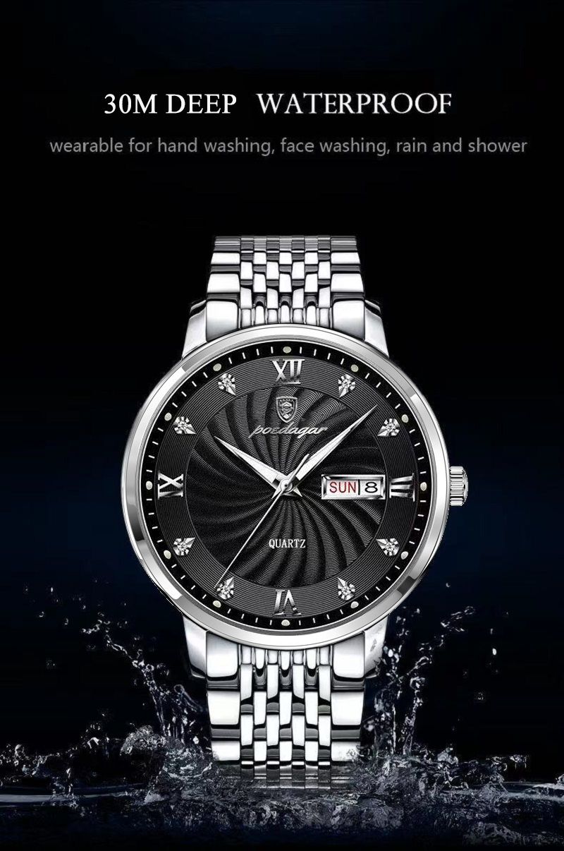 Herrenuhr, wasserdicht, leuchtend, Datum, Woche, Herren-Quarz-Armbanduhr aus Edelstahl, modische Sportuhren für Männer_voghion.com