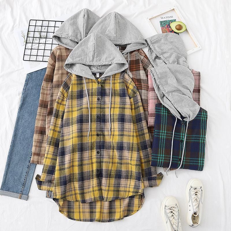 Abbigliamento da donna Camicie a quadri da donna primaverili, estive e autunnali. Camicia cardigan ampia con cappuccio in stile retrò Hong Kong_voghion.com