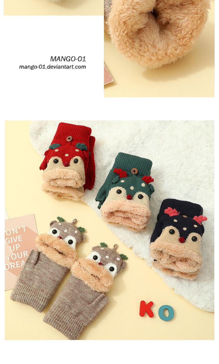 Świąteczne skarpetki z łosiem i aksamitnymi grubymi, jesiennymi/zimowymi, ciepłymi, dzianinowymi rękawiczkami dla kobiet, z półpalcami, studenckim pismem odręcznym, z otwartymi palcami i klapkami_voghion.com