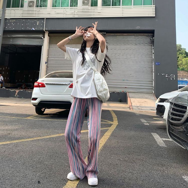 Ice Silk Pink Tie-dyed Pants Women's Summer Thin Colored Wide-leg Casual Cool Shaking Pants Island Dopamine_voghion.com