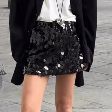 2024 Autumn Winter New High Waist Solid Color Sequin Sexy Bodycon Short Skirt Fashionable Elegant Cross-Border European_voghion.com