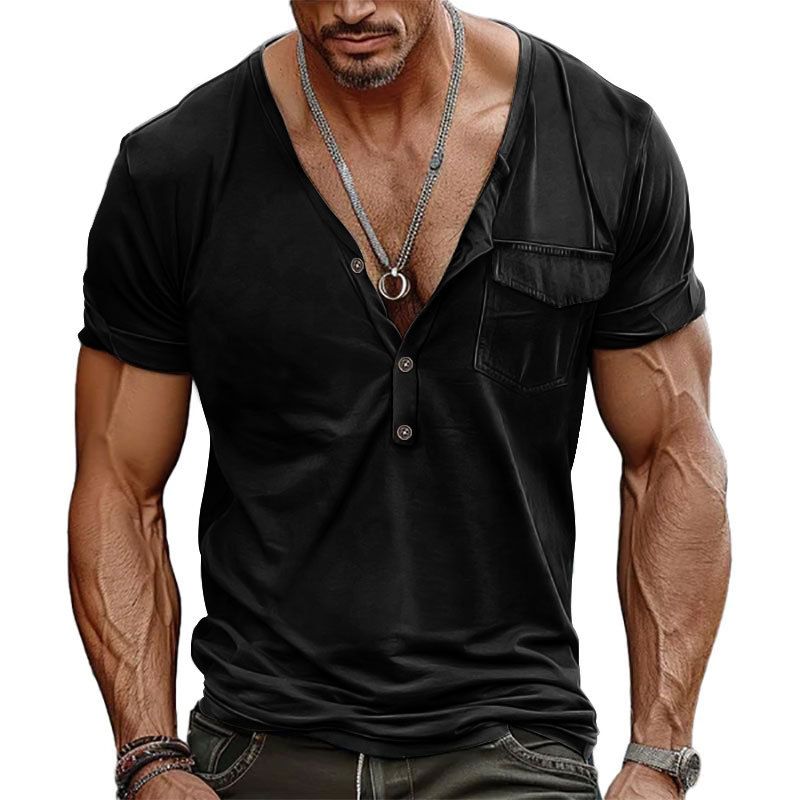 2024 Herren Großes Sommer Casual Button Fit Kurzarm T-Shirt Henry V-Ausschnitt Pocket Top_voghion.com