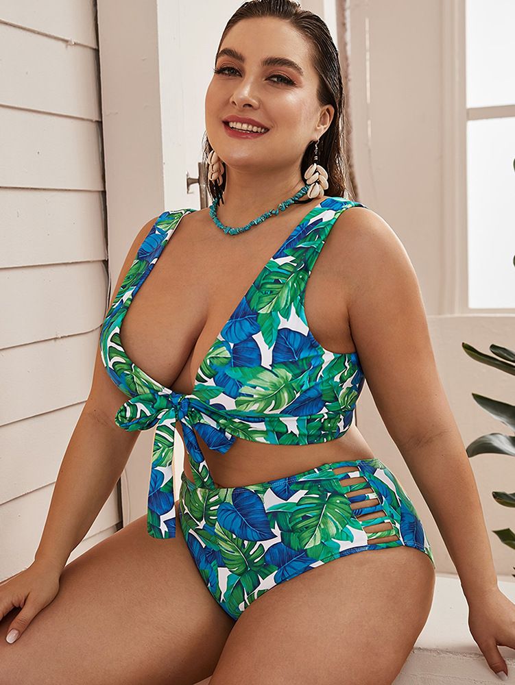 Plus Size High Waist Bikini Set - Women's Sexy Tie-Front Swimwear (Adjustable Straps Tummy Control Backless Design Beach & Pool)_voghion.com