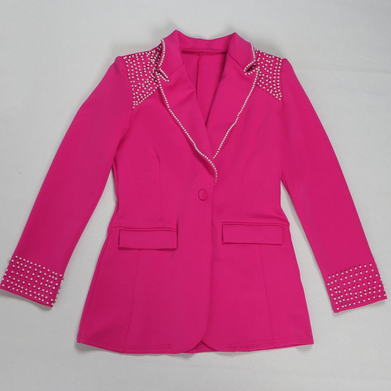 Traje de dos piezas ajustado de manga larga con perlas para mujer_voghion.com