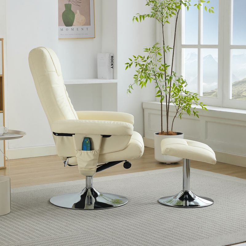 Fauteuil relax inclinable, massage 5 points, chauffage électrique, repose-pieds, pivotant à 360°, fauteuil TV inclinable en cuir PU beige_voghion.com