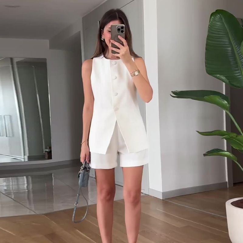 Damenbekleidung, eckiger Kragen, ärmellose Weste, hohe Taille, gerade Hose, Pendleranzug_voghion.com