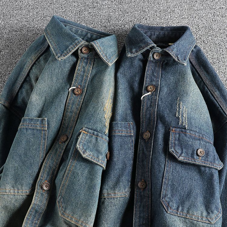 Herrenbekleidung Ärmelpatch-Nähte Stark verwaschenes, abgenutztes Retro-Jeanshemd Lockeres, steifes, trendiges Jugendhemd_voghion.com