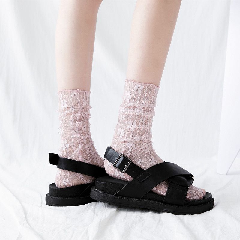 2025d Pile For Women, Palace Style, Lace Small Flower Long Socks, Spring And Summer Thin Hollow Mesh Socks_voghion.com