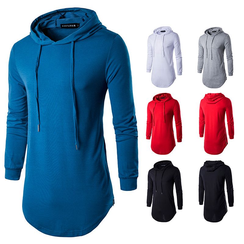 Maglietta a maniche lunghe con cappuccio, tinta unita, vestibilità slim, da uomo, di qualità imbattibile, primavera 2021_voghion.com