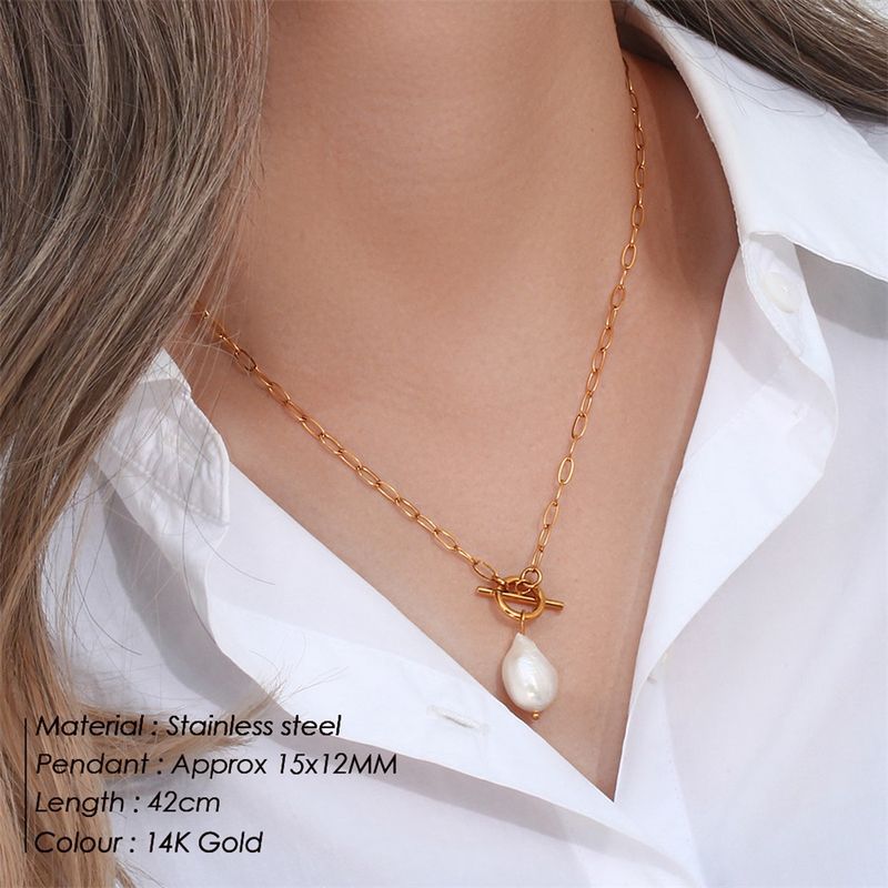 eManco Freshwater Pearl Toggle For Women Paperclip Necklace Stainless Steel Box Square Chain Long Choker_voghion.com