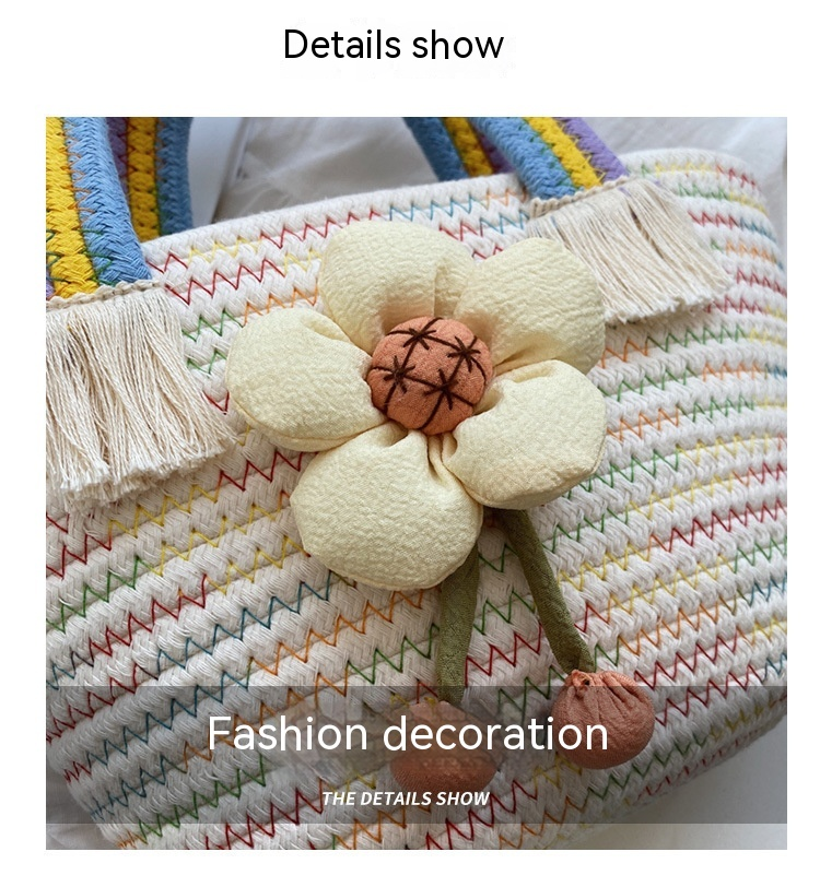 Borsa da studente in corda di cotone arcobaleno intrecciata Borsa da studente carina e versatile Borsa a fiori rifinita da donna Borsa da spiaggia per le vacanze al mare_voghion.com