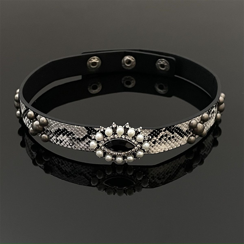 Designer Cool Europese en Amerikaanse mode Slangenhuidpatroon Luxe leren gierstkralenkraag Vrouwelijke minderheid Licht Luxe Spice Girl nekband_voghion.com