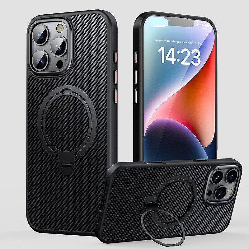 New iPhone15 carbon fiber mobile phone case, double ring magnetic suction bracket, suitable for iPhone15 Pro mobile phone case_voghion.com