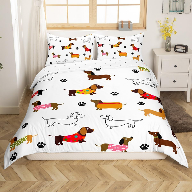 Cute Sausage Dog Duvet Cover Set Double Size For Kids Boys Girls Teens Dachshund Puppy Dog Bedding Set Cartoon Animals Comforter Cover With _voghion.com
