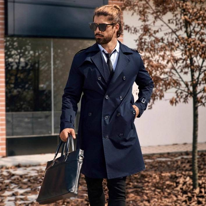 Herren Zweireihiger Trenchcoat Lang Slim Fit Lässiger Mantel Polyester Klassisch Blauer Mantel Für Herbst Frühling_voghion.com