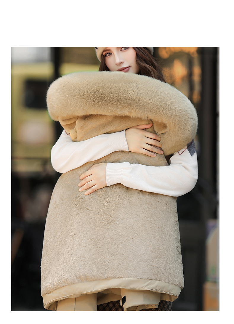 Women's Parka Coat With Detachable Rabbit Fur Hood, Waist-Belted Winter Jacket, Thickened Polyester Shell & Down Cotton Filling For Casual & Office_voghion.com