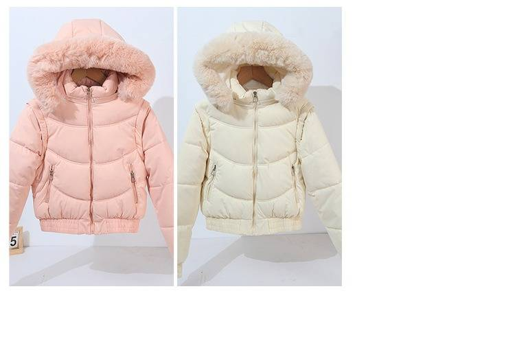 Chaqueta acolchada con ribete de piel sintética y mangas desmontables para mujer, abrigo corto de invierno con capucha, abrigo acolchado y cálido para tallas pequeñas y ajustadas._voghion.com