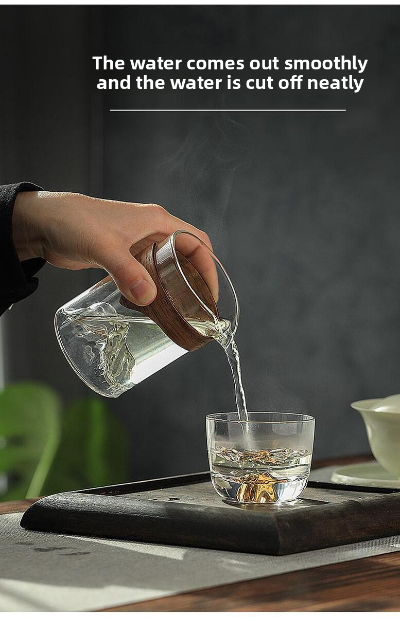 Japanese-Style Borosilicate Glass Fairness Cup Set - 450ml & 350ml Wooden Holder Options, Minimalist Tea Serving Pitcher With Built-in Strainer_voghion.com
