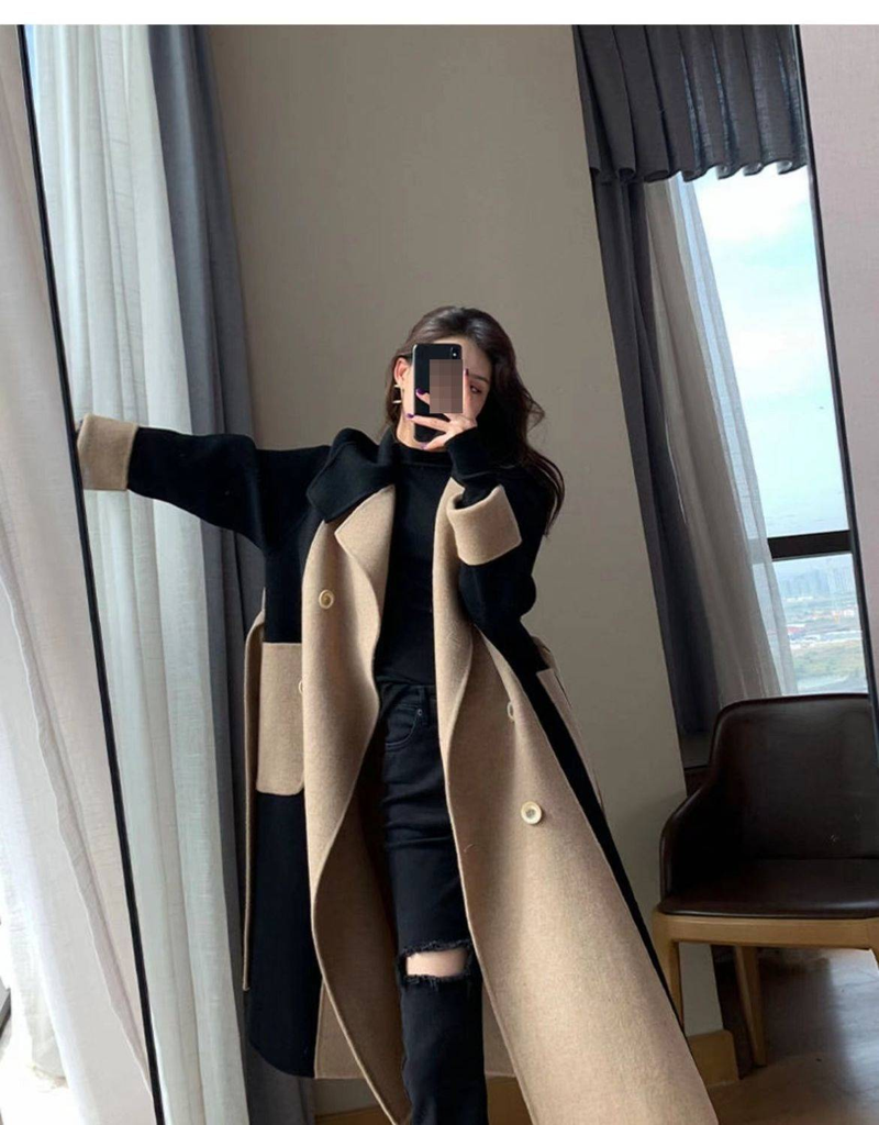 Women's Long Wool Blend Coat - Double-Faced Faux Wool, Color-Block Design, Slim Fit Trench Coat For Elegant Office & Casual Style_voghion.com