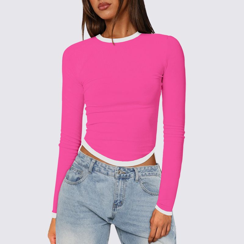 Blusa feminina primavera verão 2025, manga comprida, gola redonda, slim fit, bloco de cores_voghion.com