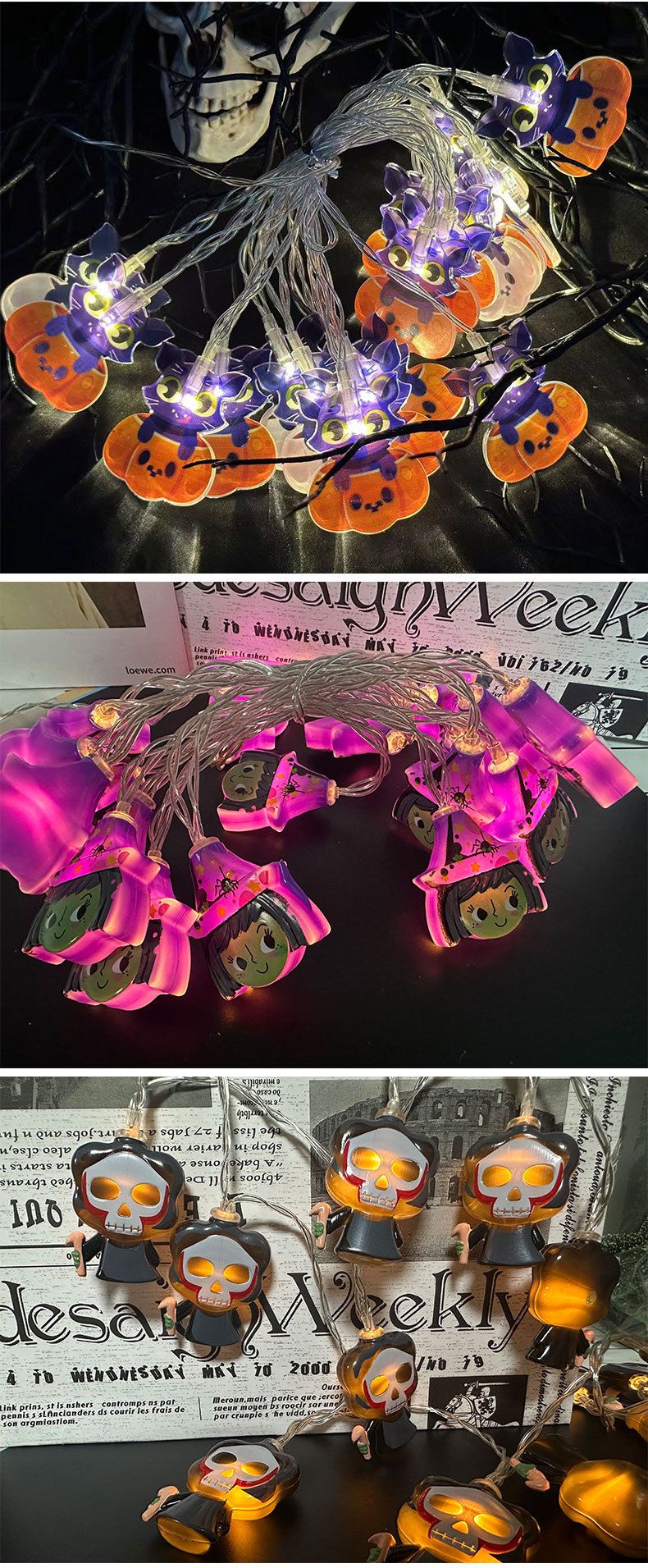 Halloween LED String Lights - Battery Powered, 10-30 LED Spooky Shapes (Ghosts, Witches, Pumpkins), 3 Lighting Modes, Indoor/Outdoor Decor_voghion.com