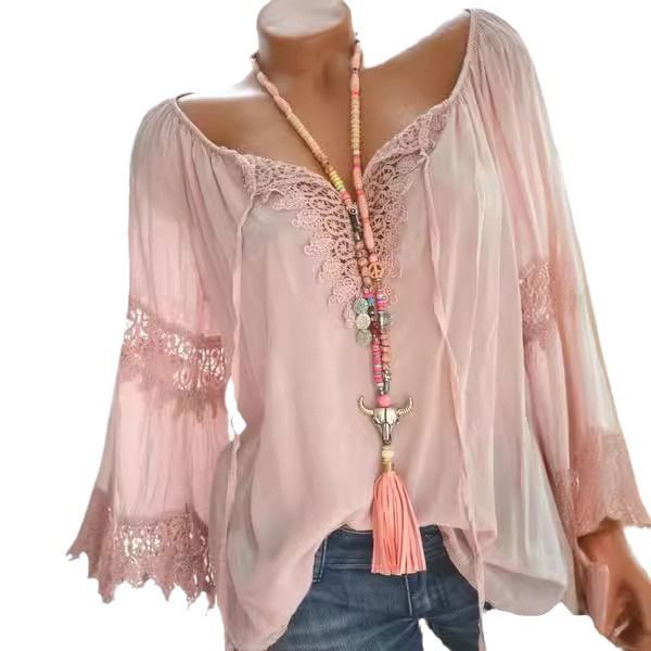 Schulterfreie Bluse mit Spitzenbesatz – Atmungsaktives, leinenähnliches Langarm-Top mit Bindedetail (Weiß/Schwarz/Rosa/Rot/Grau/Braun, S-XXL, Boho & Casual)_voghion.com