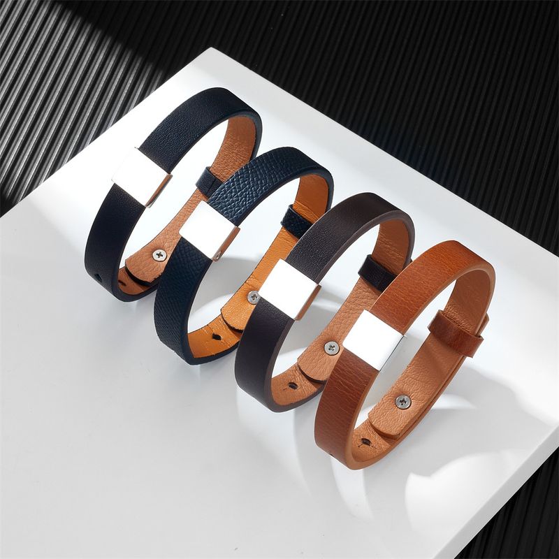 Unisex Genuine Simple Stainless Steel Smooth Surface Customizable Engraving Cowhide DIY Leather Bracelet_voghion.com