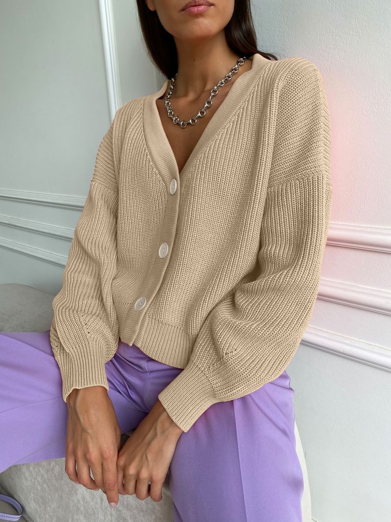 Damenbekleidung Herbst- und Winter-Strickjacke, einreihig, einfarbig, gestrickt, Unterhemd, Temperament, Pendlerpullover, Pullover, Damen_voghion.com