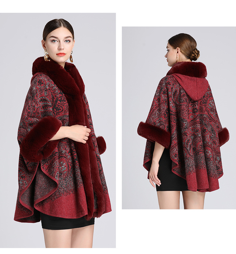 Cardigan in lana di grandi dimensioni con collo a scialle con cappuccio jacquard in pelliccia di coniglio rex di nuovo stile per donna_voghion.com