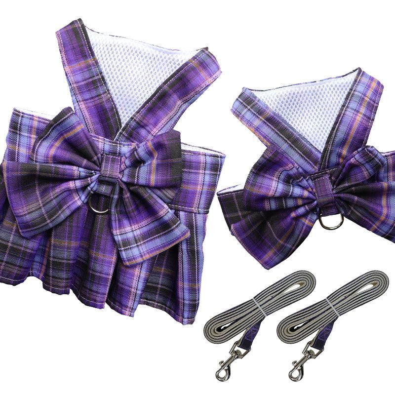 Haustier Katze JK Rock Plaid Weste Outfit Teddy Outdoor Kleid Harness Hund Leine_voghion.com