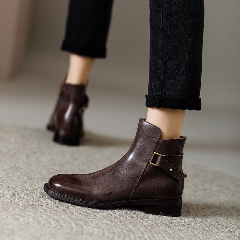 Retro Runde Zehe Echte Gürtelschnalle Herbst Und Winter Neue Ankunft Seitlicher Reißverschluss Dicker Niedriger Absatz Stiefeletten Damen_voghion.com