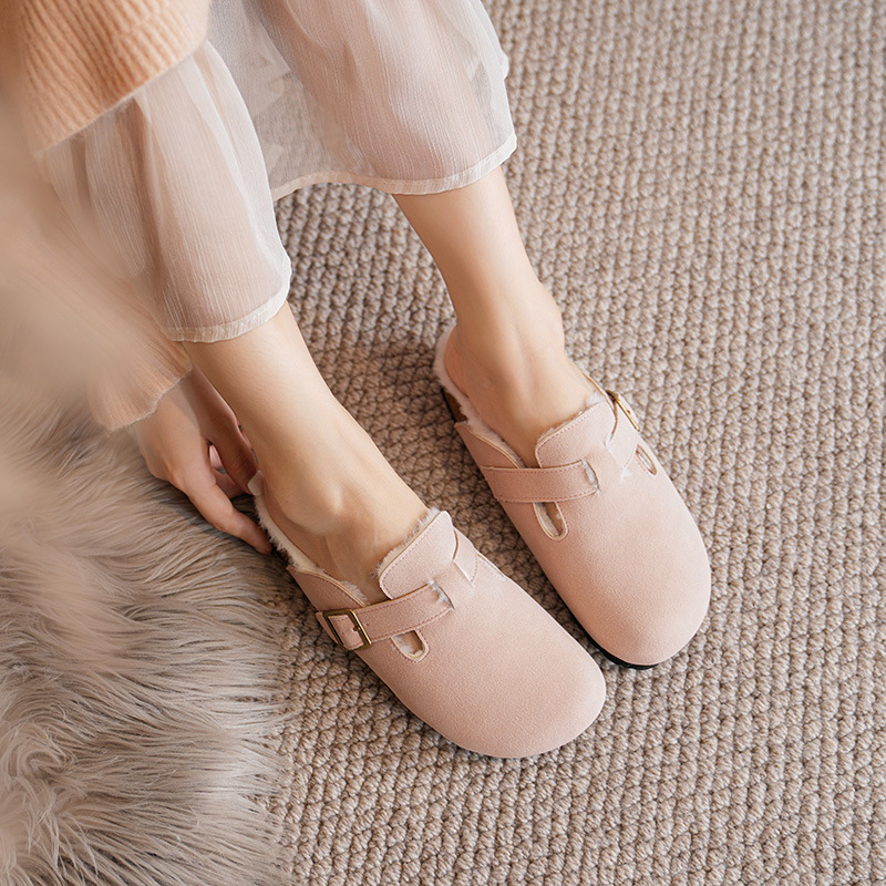 2023 Winter New Outsider Wearing One Foot Plush Slippers Women's Bag Head Half Slippers Cotton Shoes_voghion.com