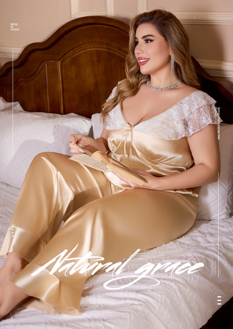 Large Size Ice Silk Pajamas Women's Multi-colored Lace Sexy Short-sleeved Trousers Loungewear Set_voghion.com