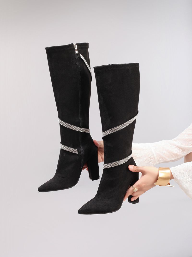 WEIBENA Women's Knee High Boots With Rhinestone Strap - Pointed Toe Chunky Heel Suede Winter Fashion Boots For Women_voghion.com